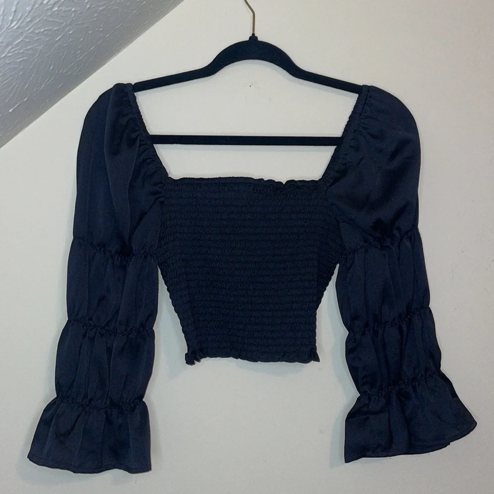 Free People So Shirred Smocked Crop Top Puff Sleeve